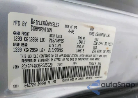 2005 Chrysler Town & Country Lx z USA, uszkodzony, nr VIN 2C4GP44R35R525920